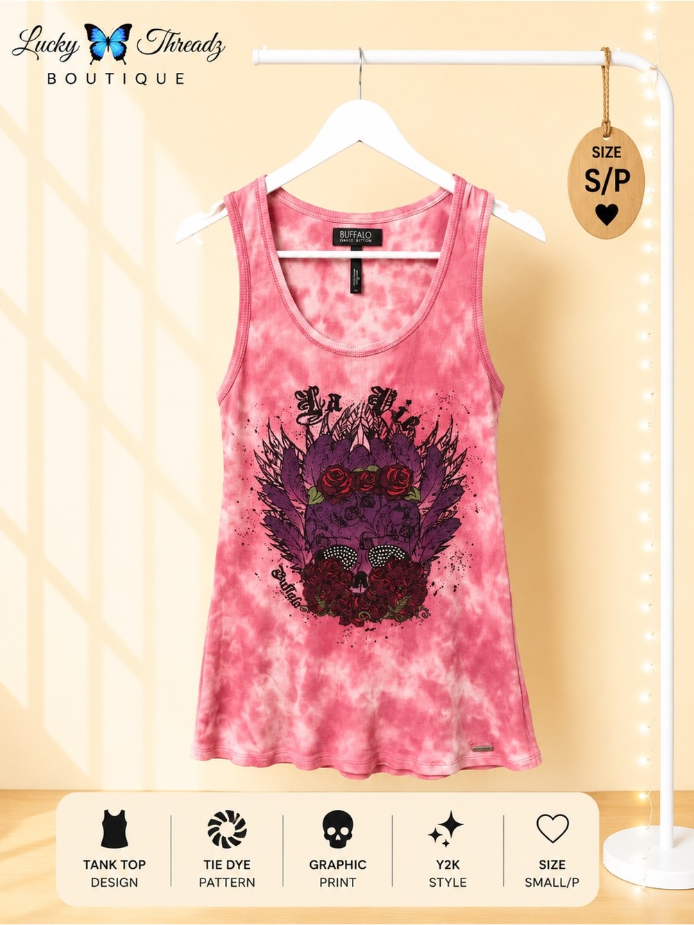 Buffalo David Bitton Pink Tie Dye Skull Graphic Tank Top Small Y2K